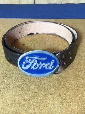 NEW HAND CRAFTED HAND TOOLED LEATHER BELT WITH FORD BUCKLE